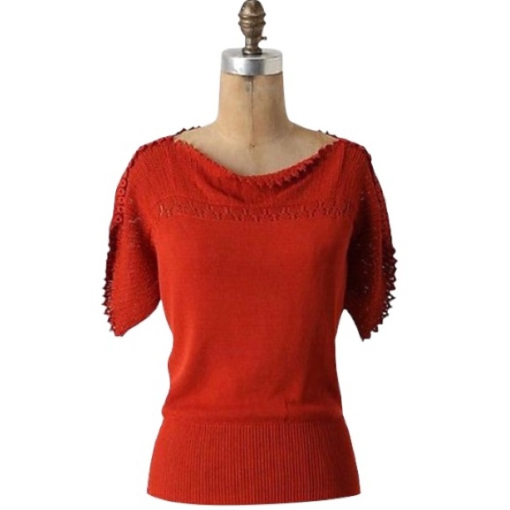 ANTHROPOLOGIE Yoana Baraschi Baubled Fan Sweater Rust Red/Burnt Orange Sz Small